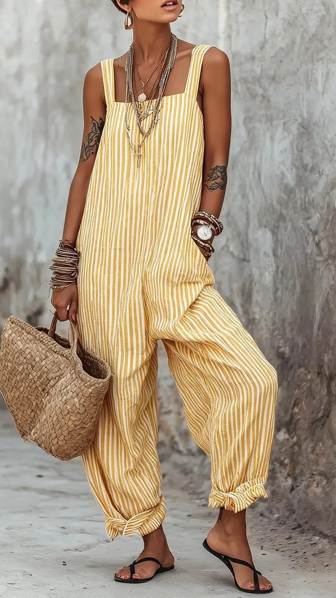 Linen-Blend Striped Jumpsuit
