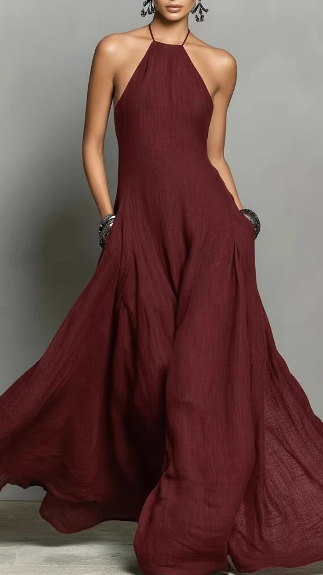 sleeveless linen halter-Neck Loose maxi Dress