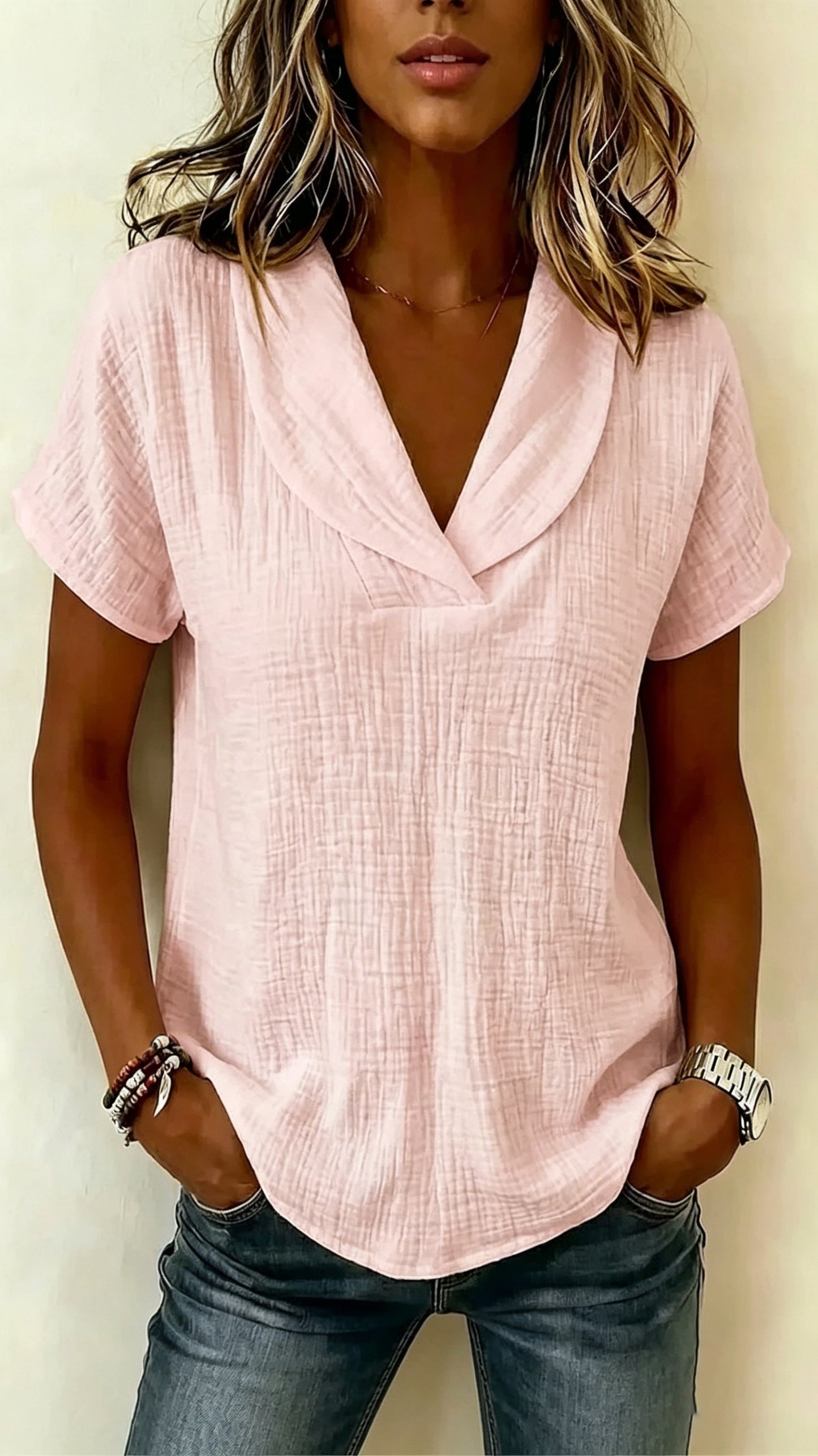 Short-Sleeve Crepe V-Neck Casual Fashion T-Shirt