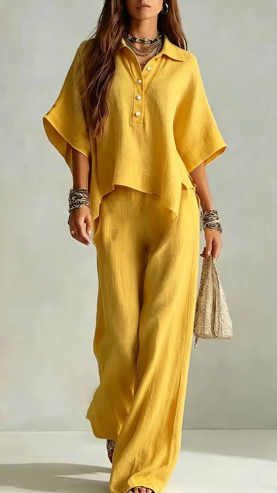 Women's Cotton-Blend Henley Neck Wide-Leg Pants Set
