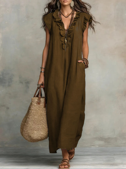 Cotton-Blend Ruffle V-Neck Maxi Dress