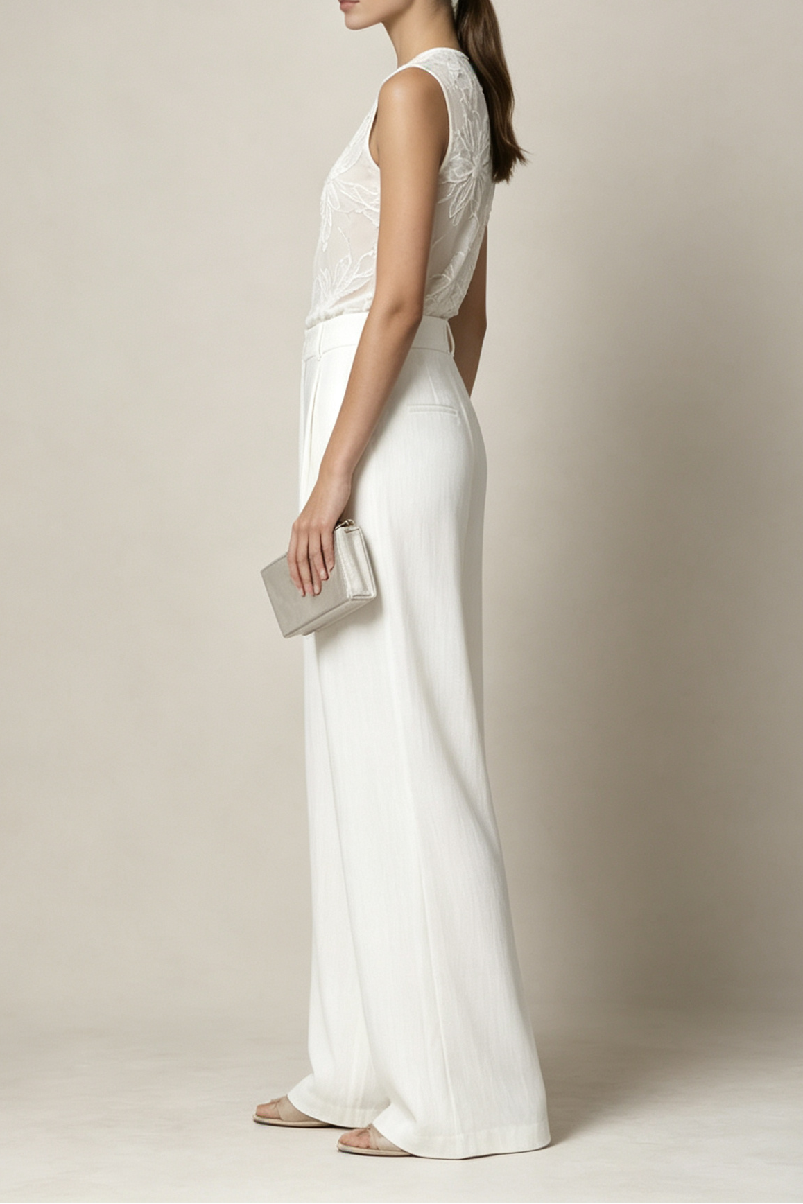 White Sheer Mesh 3D Floral Sleeveless Round Neck Wide Leg Pants Two-Piece Set