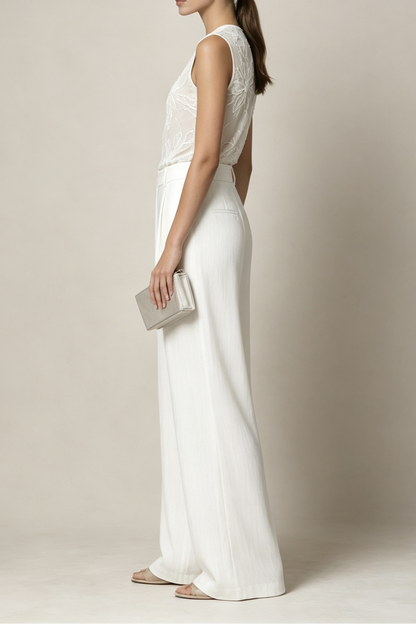 White Sheer Mesh 3D Floral Sleeveless Round Neck Wide Leg Pants Two-Piece Set
