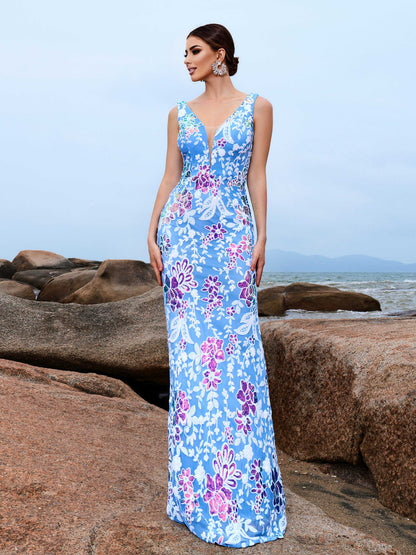 V-neck Blue Floral Sequin Maxi Dress