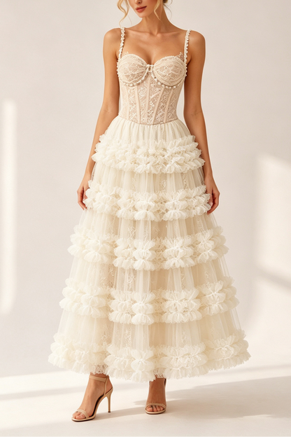 Nude Pearl Strap Sweetheart Corset Top & Tiered Ruffle High Low Tulle Midi Skirt Set