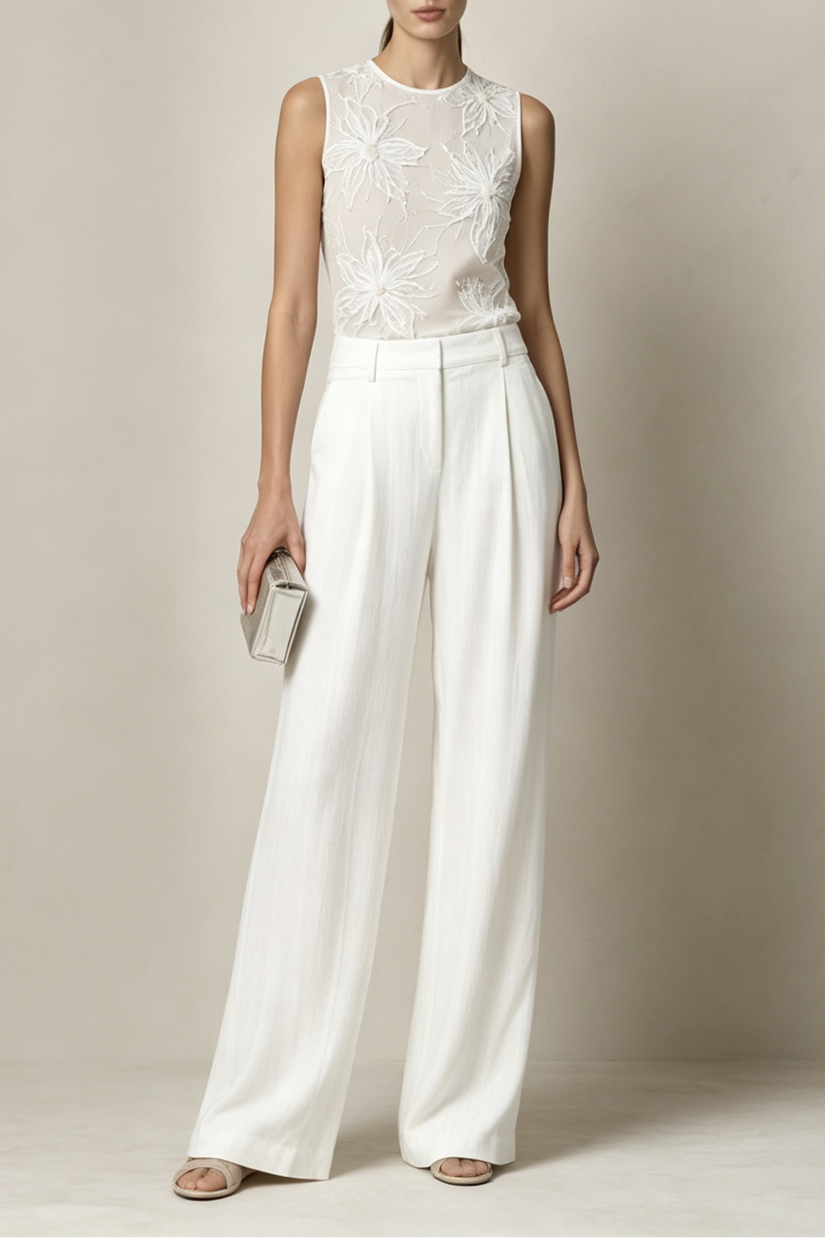 White Sheer Mesh 3D Floral Sleeveless Round Neck Wide Leg Pants Two-Piece Set