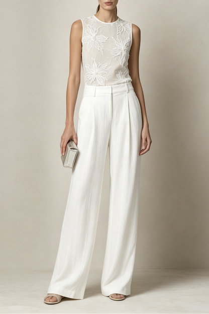 White Sheer Mesh 3D Floral Sleeveless Round Neck Wide Leg Pants Two-Piece Set