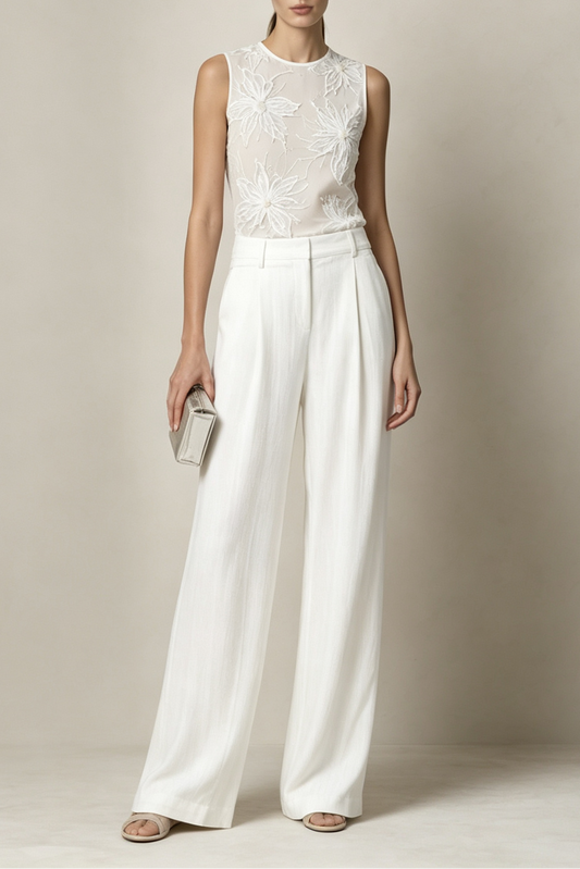 White Sheer Mesh 3D Floral Sleeveless Round Neck Wide Leg Pants Two-Piece Set