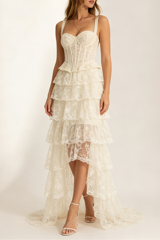 Ivory Wide Strap Lace Corset Peplum Top & Tiered High Low Lace Skirt Set