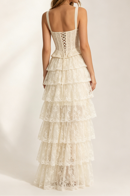 Ivory Wide Strap Lace Corset Peplum Top & Tiered High Low Lace Skirt Set