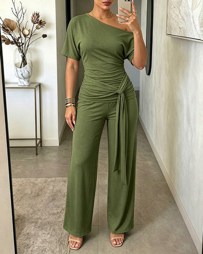 Women's Skew Neck 2 Piece Outfits Ruched Tie Waist Short Sleeve Top and High Waisted Wide Leg Pants Lounge Set