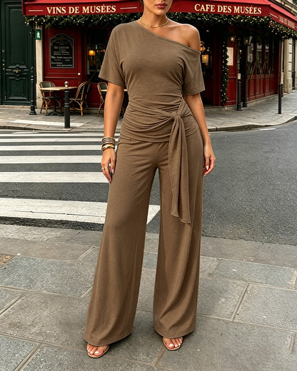 Women's Skew Neck 2 Piece Outfits Ruched Tie Waist Short Sleeve Top and High Waisted Wide Leg Pants Lounge Set