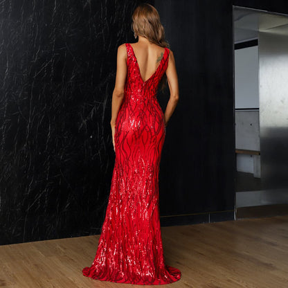 V-neck Split Sequin Maxi Prom Dress