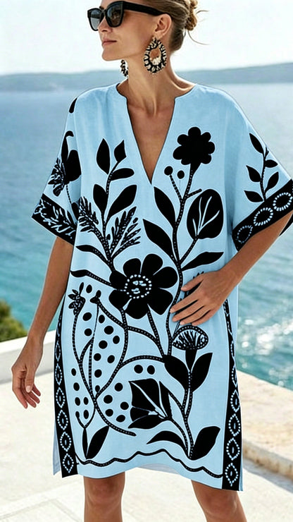 Women's Loose-Fit Printed V-Neck Casual Vacation Dress