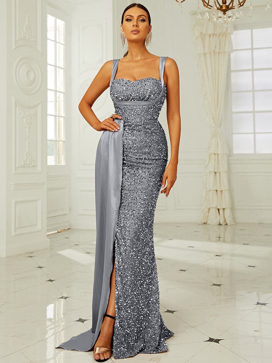 Ribbon Corset Sequin Maxi Prom Dress
