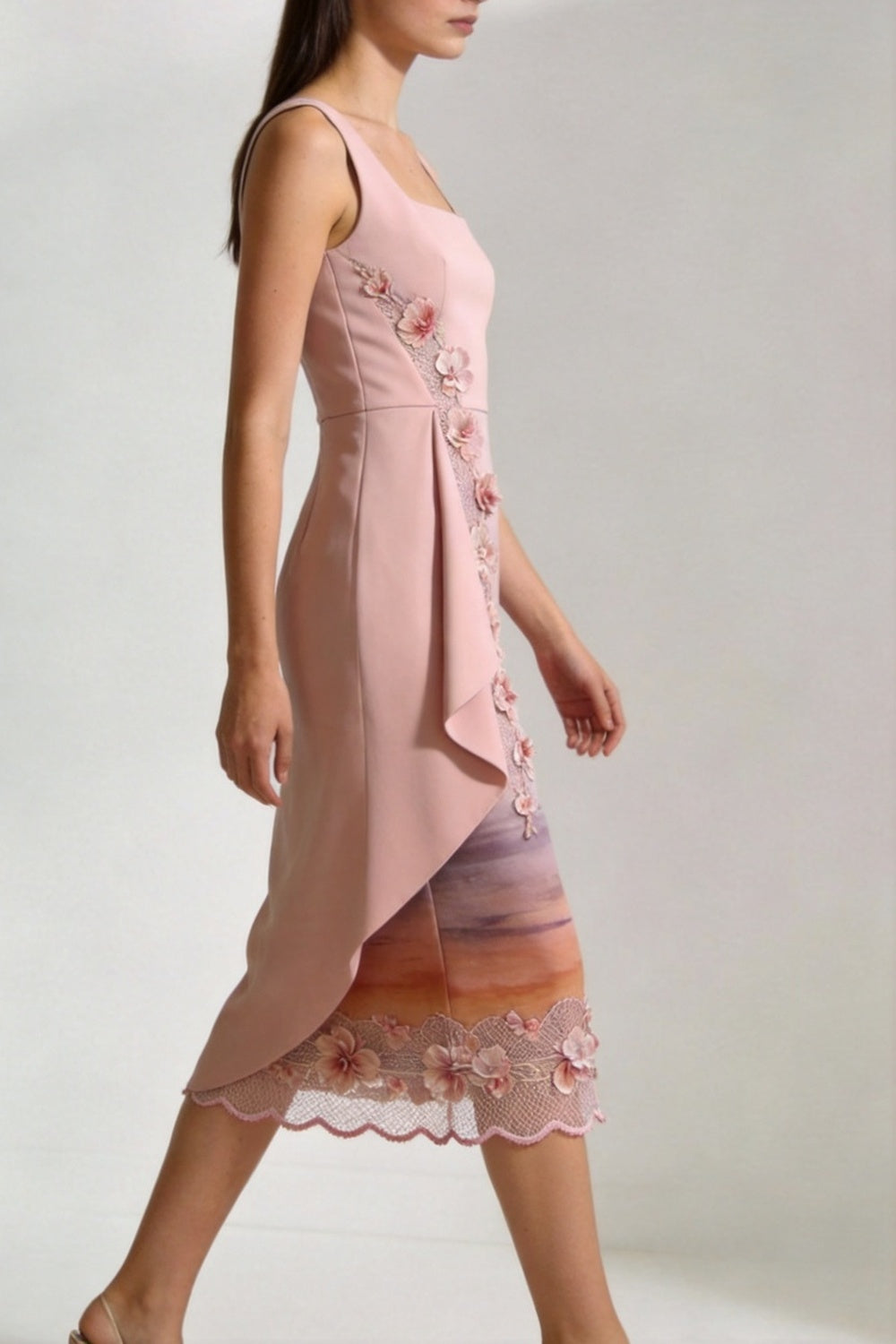 Pink Floral Appliqué Asymmetrical Hem Dress warm sand breathable viscose crepe or linen blend Two-Piece Set - product view 3