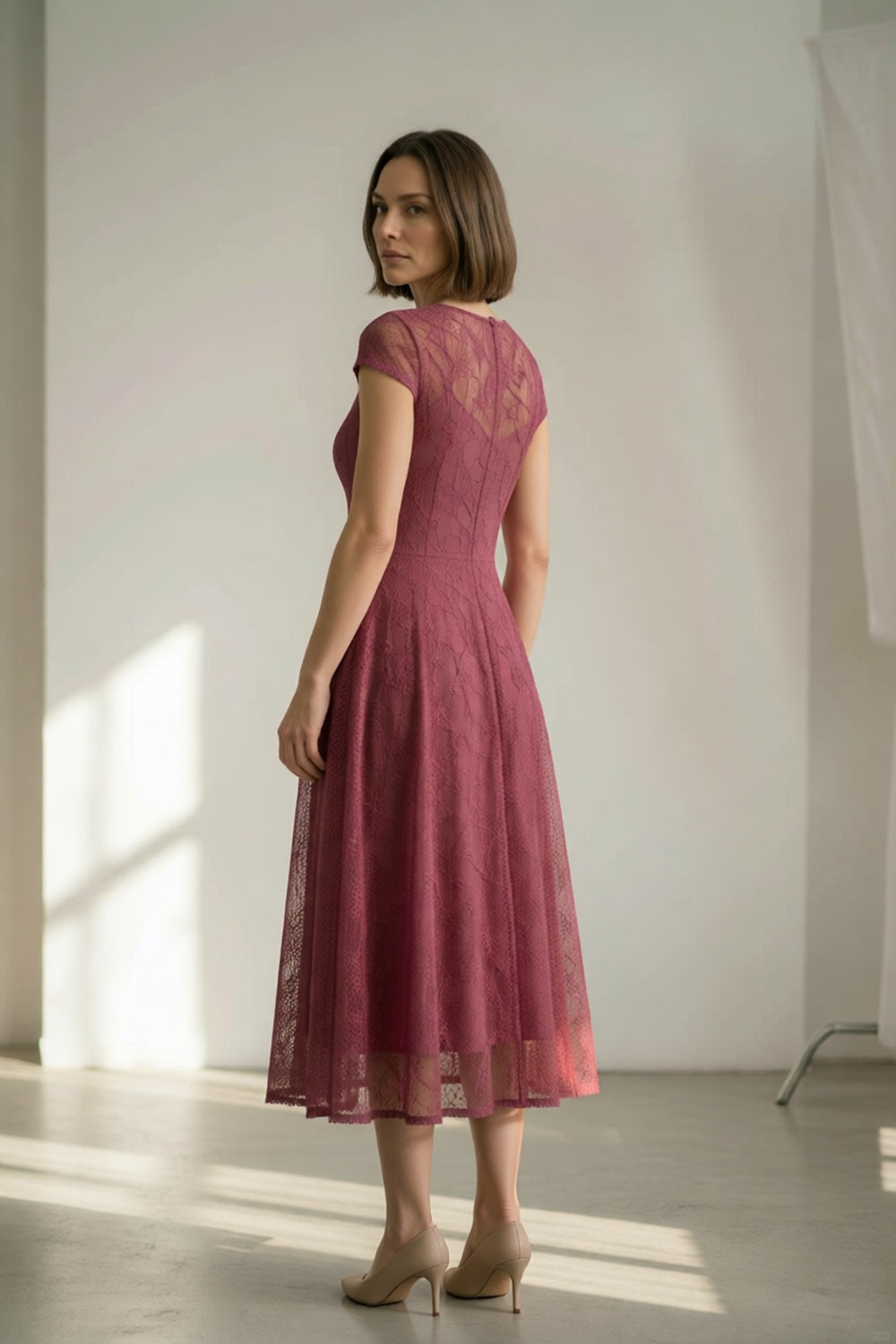Dusty Rose Hollow Floral Lace Round Neck Cap Sleeve Built-In Slip Flared A-Line Midi Dress