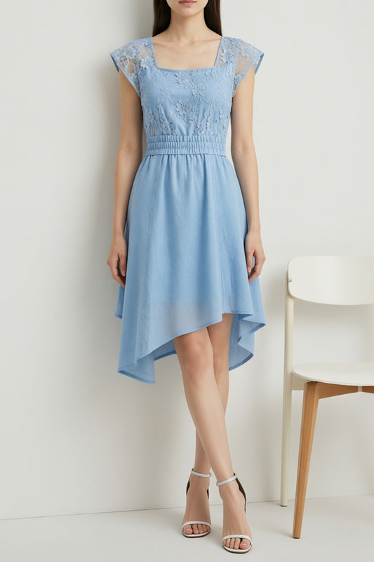 Light Blue Lace Midi Dress with Asymmetric Hem plum linen-viscose, cotton poplin or washed silk blend Midi Skirt - product view 5
