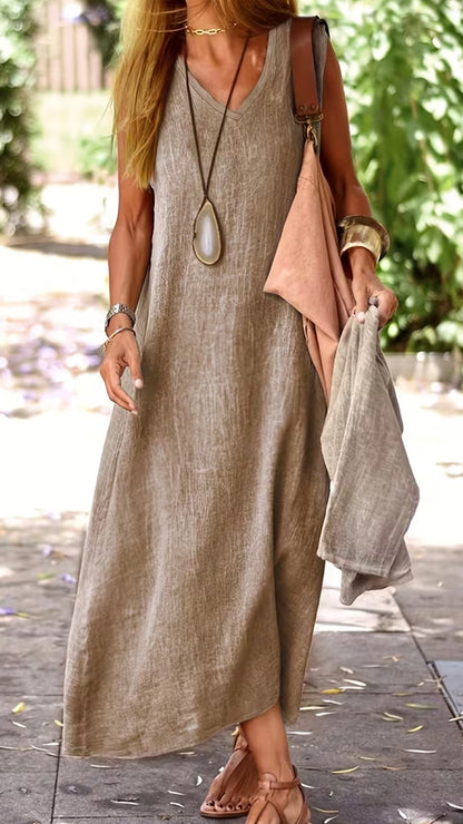 Vintage-effect V-neck Sleeveless Loose Maxi Dress