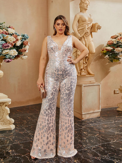 Plus Size V-Neck Backless Sleeveless Sequin Jumpsuits