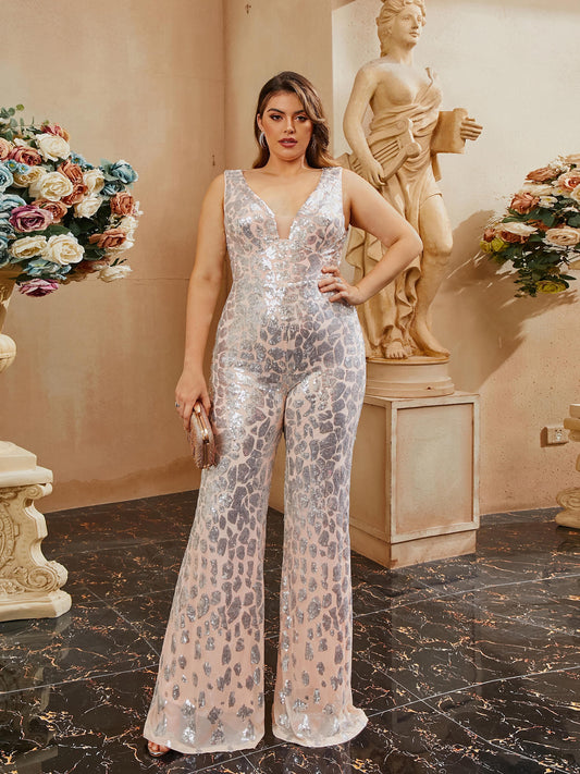 Plus Size V-Neck Backless Sleeveless Sequin Jumpsuits