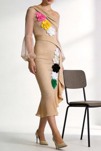One-Shoulder Floral Appliqué Midi Dress clay red premium compact jersey or fluid Tencel blend Midi Dress - product view 5