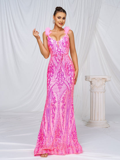 Mesh Straps Pink Sequin Maxi Dress