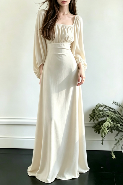 Square Neck Puff Long Sleeve High Waist Eco Recycled Cotton Dress - White