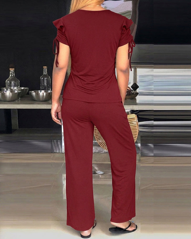 2 Pieces Outfit Ruffles Decor Drawstring Short Sleeve Top and Casual Elastic Waist Seam Front Wide Leg Pants Set