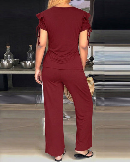 2 Pieces Outfit Ruffles Decor Drawstring Short Sleeve Top and Casual Elastic Waist Seam Front Wide Leg Pants Set