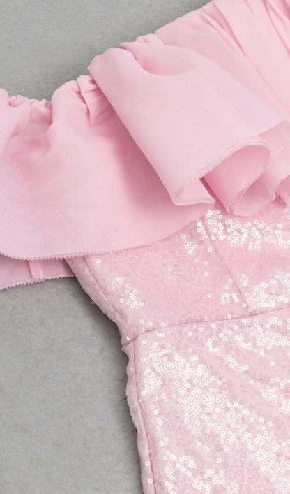 Ruffle high split sequin maxi dress in pink