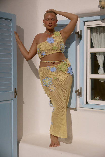floral Crochet Maxi top & maxi Skirt set - yellow
