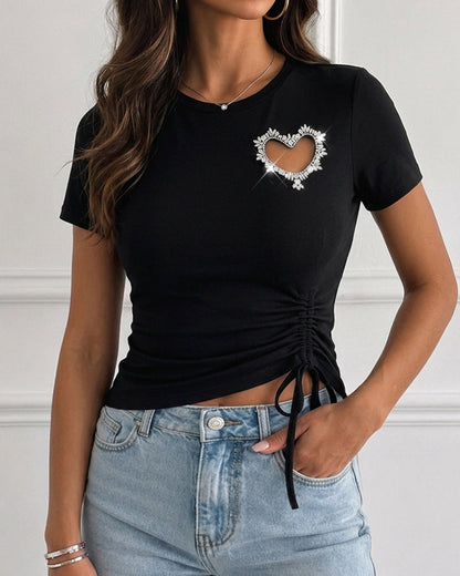 Women's Heart Cutout Rhinestone T-Shirt Short Sleeve Side Drawstring Ruched Top Slim Fit Sparkly Party Tee
