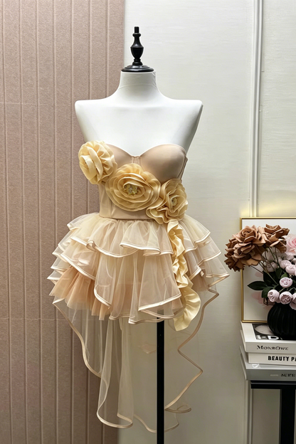 Champagne Strapless 3D Floral Corset Top & High Low Ruffle Tulle Skirt Set