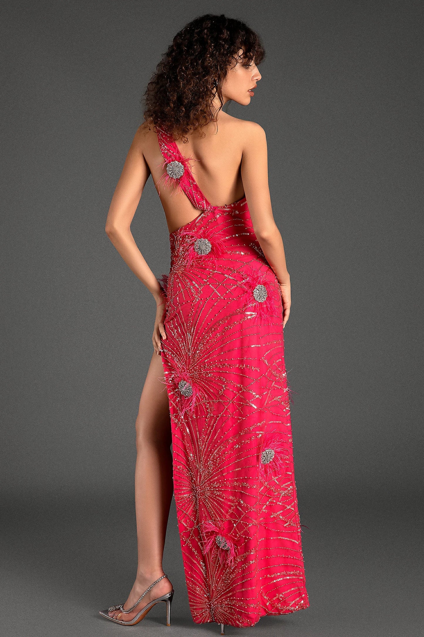 Raphail One Shoulder Sequin High Slit Dress