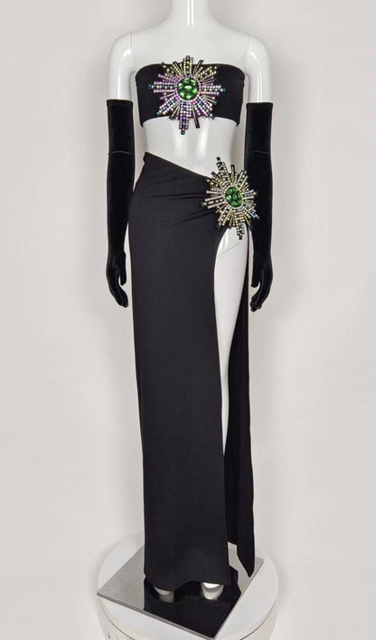 RHINESTONE HIGH SPLIT SKIRT SET WITH GLOVES