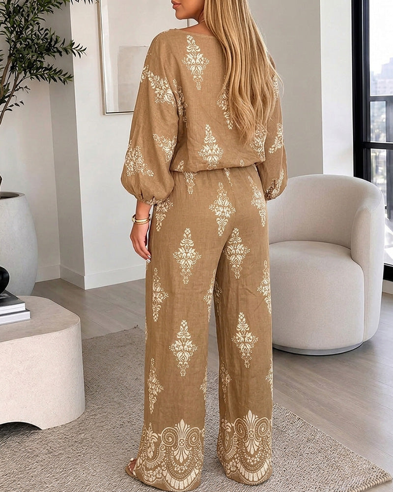 Women's 2 Piece Vintage Print Bohemian Outfit Skew Neck Lantern Sleeve Top and High Waisted Pants Set Casual Vacation Set