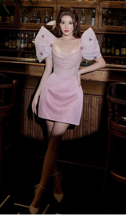SEQUIN PUFF SLEEVE MINI DRESS IN PINK
