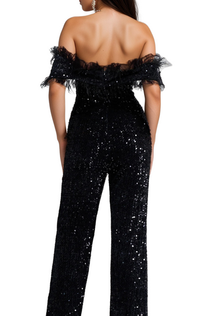 off-shoulder sequin jumpsuit in black