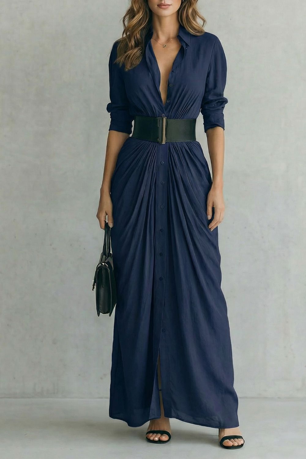 Solenzia – Pleated waist drama – Maxi shirt dress (includes belt)