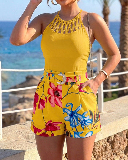 Women's Two Piece Shorts Set Hollow Out Halter Camisole Top and Floral High Waisted Cuffed Shorts with Belt