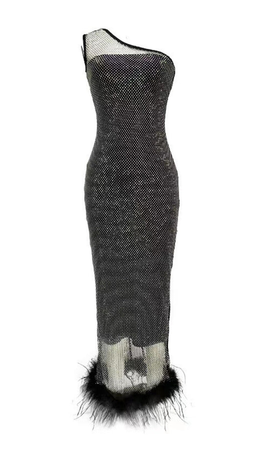 MESH DIAMOND FEATHER BANDAGE MAXI DRESS IN BLACK
