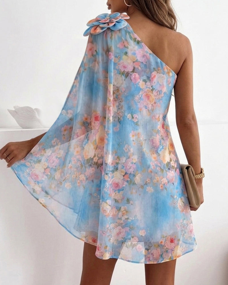 CHICME Women's Floral Print One-Shoulder Chiffon Dress 3D Floral Decor Split Sleeve Loose A-Line Mini Dress