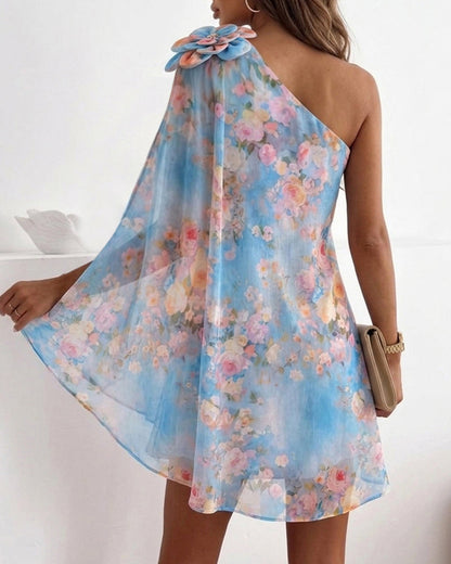 CHICME Women's Floral Print One-Shoulder Chiffon Dress 3D Floral Decor Split Sleeve Loose A-Line Mini Dress