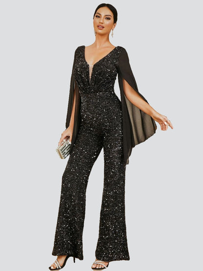 V-Neck Glitter Mesh Sleeve Jumpsuits