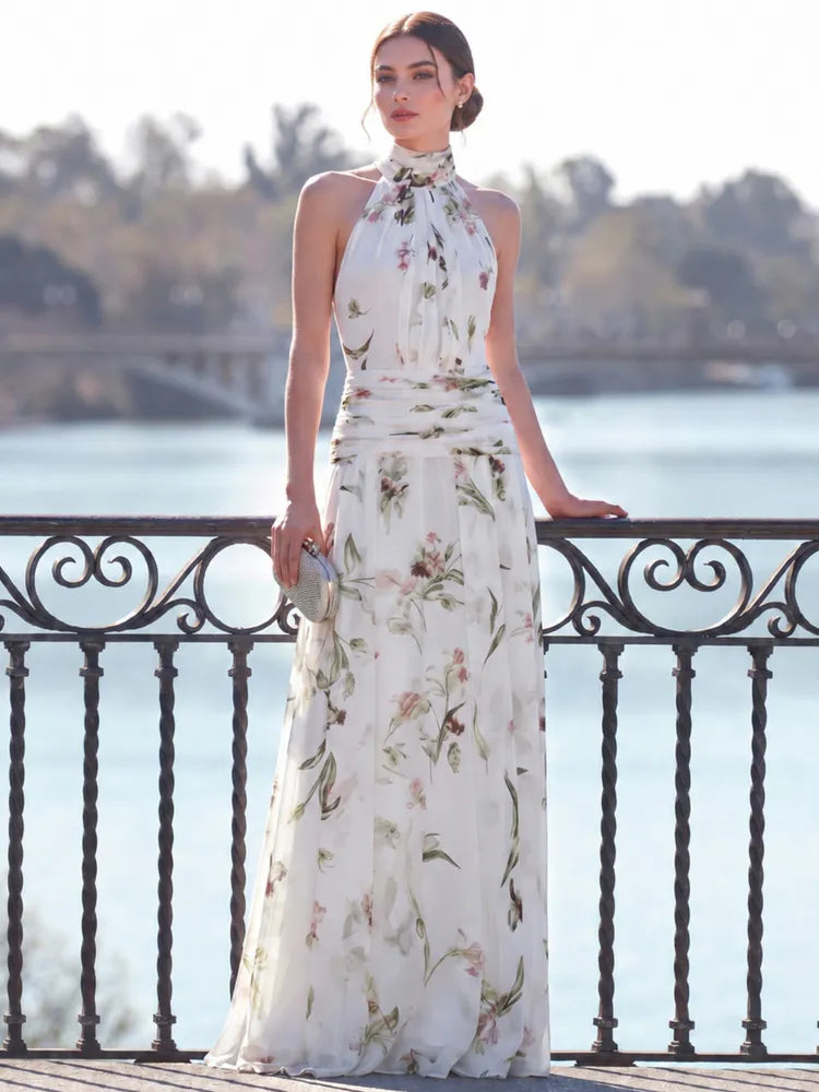 Halter neck floral printed bow tie maxi dress - white