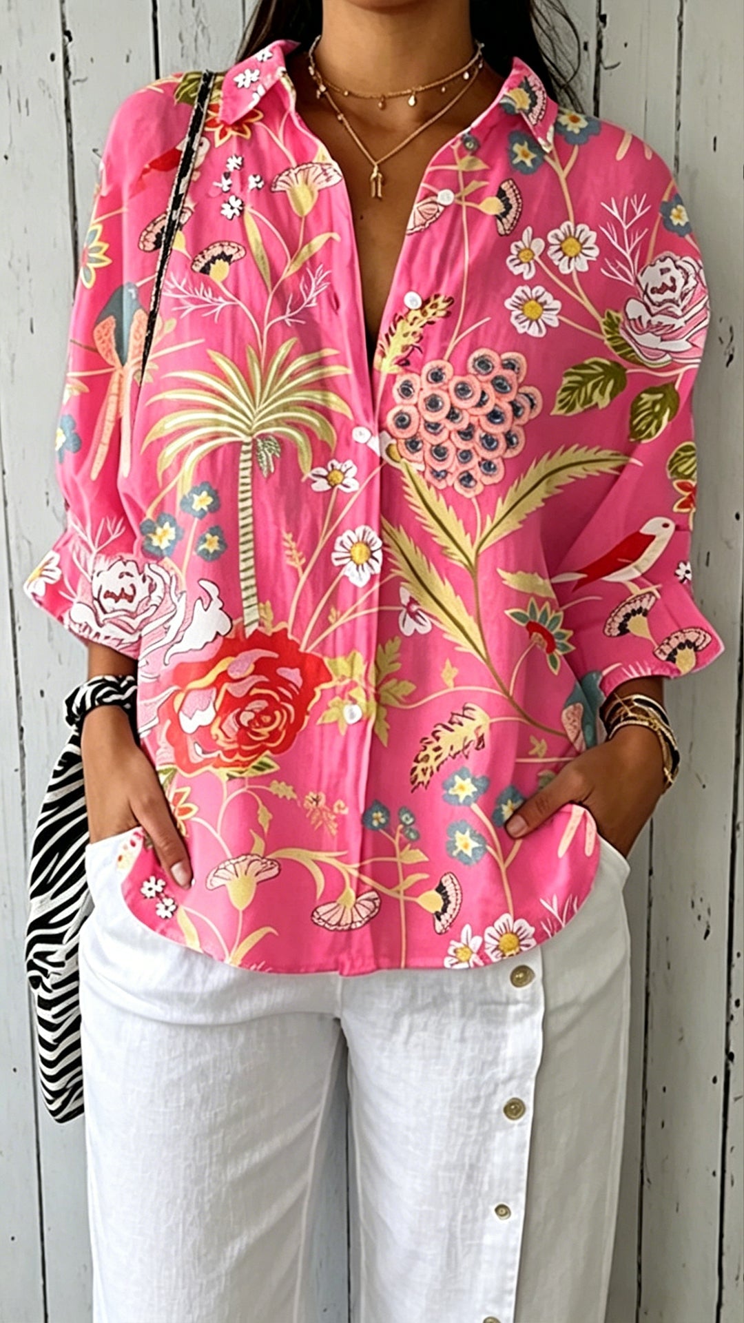 Women's Doll Collar Printed Polyester Blouse
