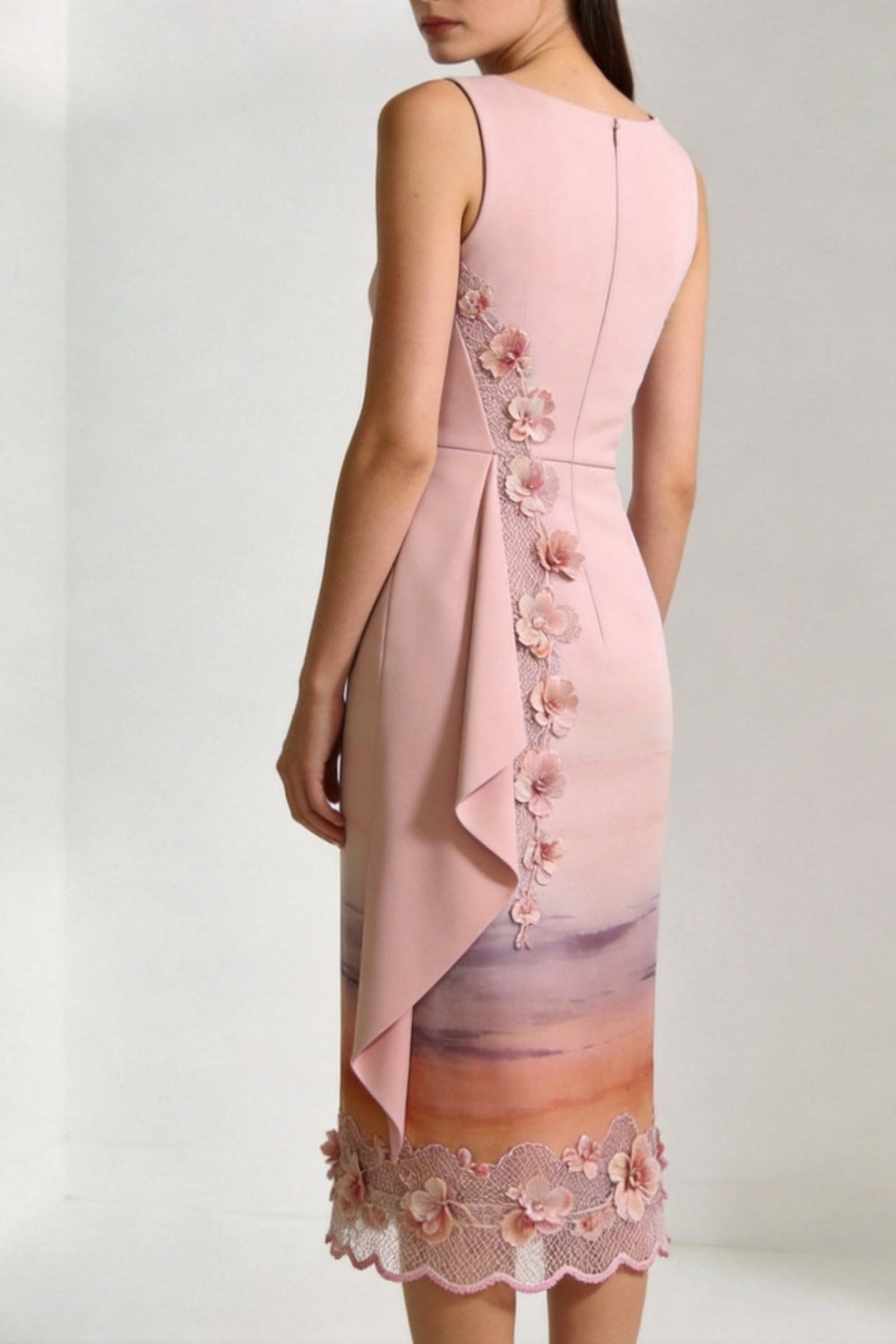 Pink Floral Appliqué Asymmetrical Hem Dress warm sand breathable viscose crepe or linen blend Two-Piece Set - product view 4