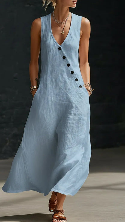 Linen-Texture V-Neck Sleeveless Maxi Dress