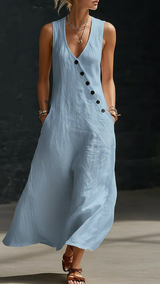 Linen-Texture V-Neck Sleeveless Maxi Dress